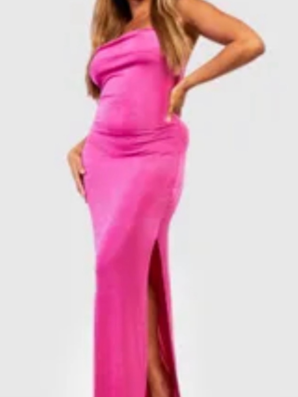 One-Shoulder Hot Pink Maxi Dress with Side Slit